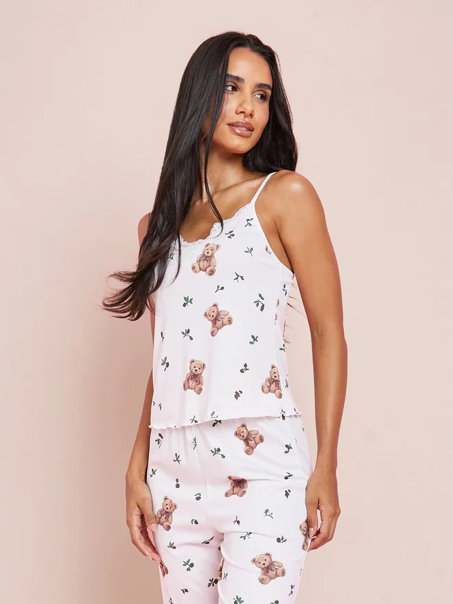 Styli White Bear Print Lace Detail Cami and Pyjama Set