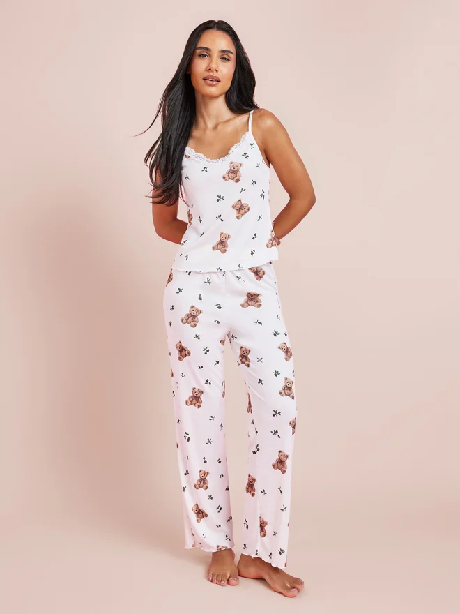 Styli White Bear Print Lace Detail Cami and Pyjama Set