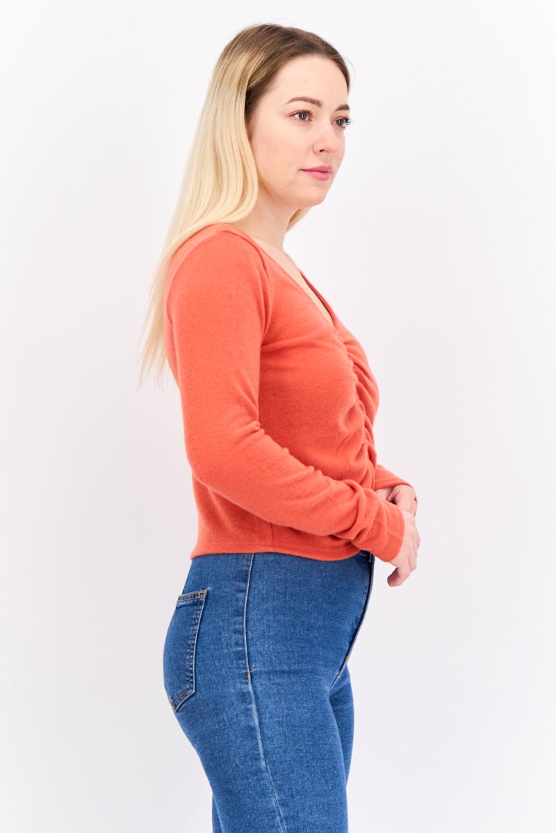 POOF Women V-Neck Knitted Sweater, Rust  - Image 3