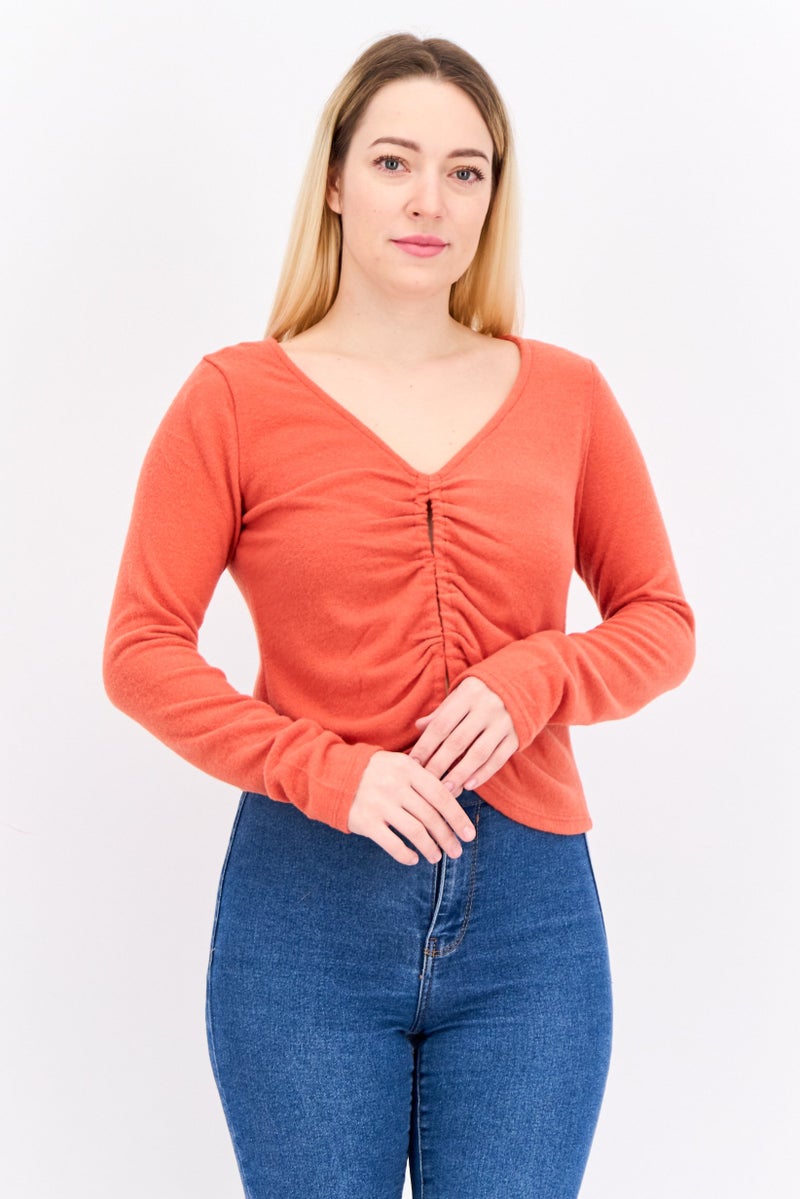 POOF Women V-Neck Knitted Sweater, Rust  - Image 1
