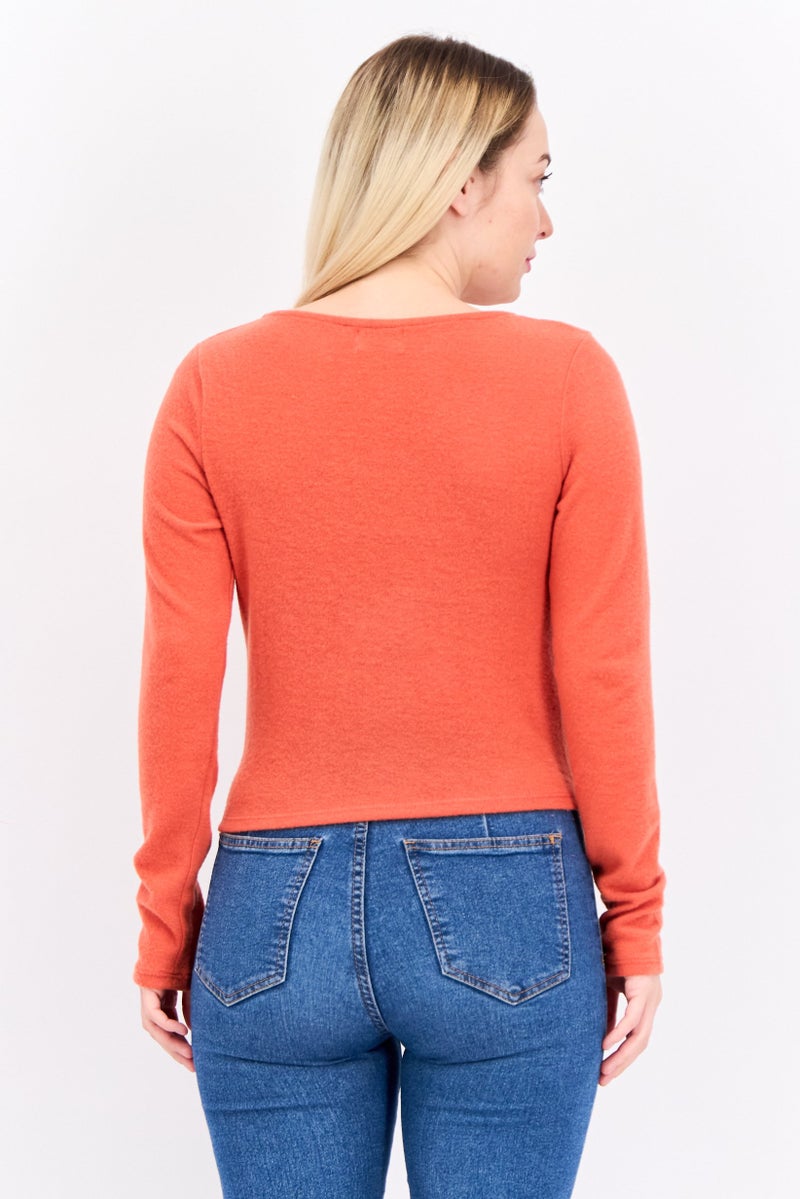 POOF Women V-Neck Knitted Sweater, Rust  - Image 2