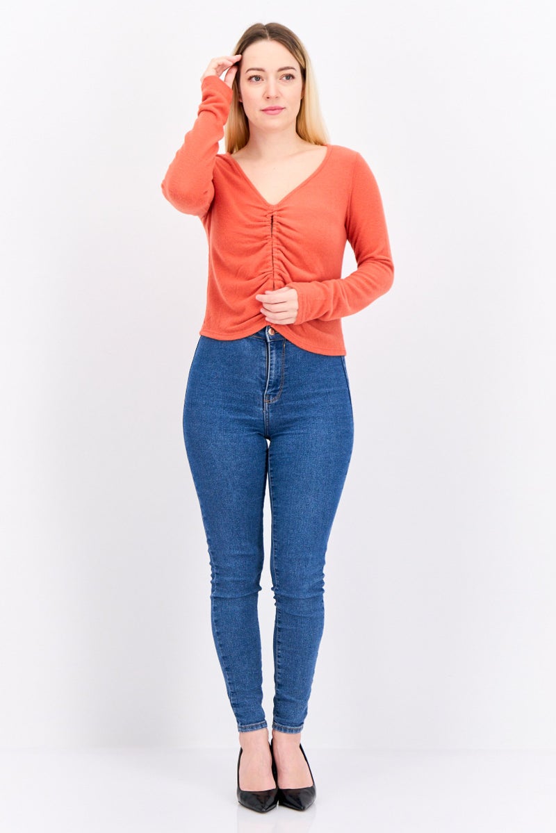 POOF Women V-Neck Knitted Sweater, Rust - Image 4