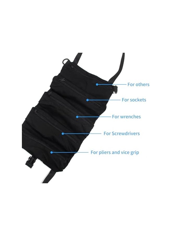 PROMASS - promass Tool Roll Up Pouch, Tool Roll, 600D oxford fabric Multi-Purpose Wrench Roll Up Bag, Tool Roll Organizer, 5 Zipper Tool Pockets Electricians Tool Roll Pouch, Hanging Tool Zipper Carrier Tote - Image 1