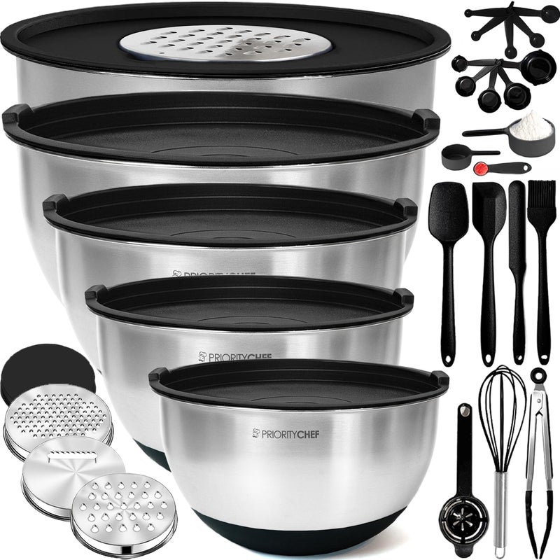 Priority Chef Stainless Steel Mixing Bowls with Lids Set, Metal Nesting Bowls with Airtight Lids, Graters, Non-Slip Base & Measurement Marks, Includes Utensil Set for Prep, Baking & Storage, Black - Image 1
