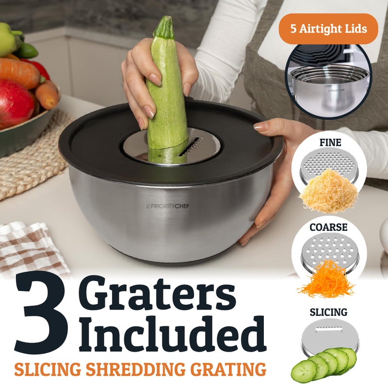 Priority Chef Stainless Steel Mixing Bowls with Lids Set, Metal Nesting Bowls with Airtight Lids, Graters, Non-Slip Base & Measurement Marks, Includes Utensil Set for Prep, Baking & Storage, Black - Image 3