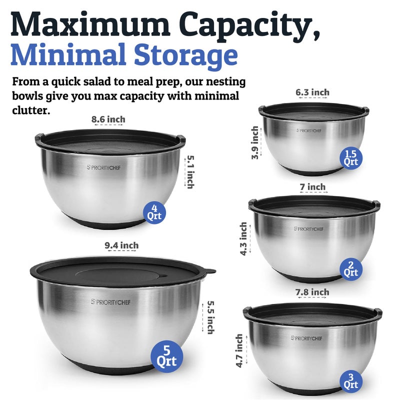 Priority Chef Stainless Steel Mixing Bowls with Lids Set, Metal Nesting Bowls with Airtight Lids, Graters, Non-Slip Base & Measurement Marks, Includes Utensil Set for Prep, Baking & Storage, Black - Image 4