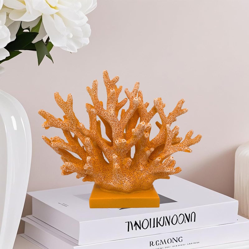 Elegondrar 5.8" H Orange Coral Decor - Resin Coral Statue, Nautical Decor for Home, Bedroom, Bathroom, Living Room, Ocean Themed Cabinet Shelf Tabletop Decoration - Image 2