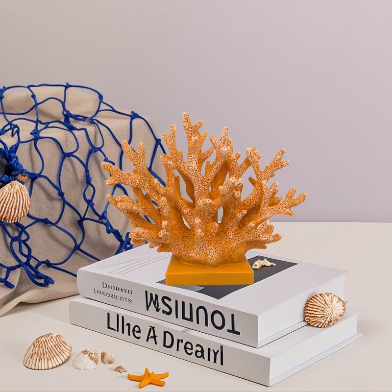 Elegondrar 5.8" H Orange Coral Decor - Resin Coral Statue, Nautical Decor for Home, Bedroom, Bathroom, Living Room, Ocean Themed Cabinet Shelf Tabletop Decoration - Image 3