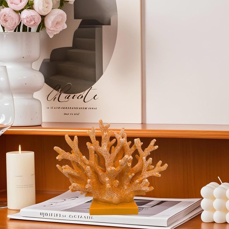 Elegondrar 5.8" H Orange Coral Decor - Resin Coral Statue, Nautical Decor for Home, Bedroom, Bathroom, Living Room, Ocean Themed Cabinet Shelf Tabletop Decoration - Image 5