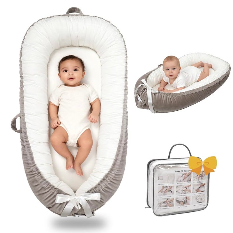 Bubbyhuts Baby Lounger-Breathable and Soft Organic 100% Cotton, Portable Infant Lounger with Removable Lounger Cover, Floor Lounger for Newborn - Grey White - Image 1