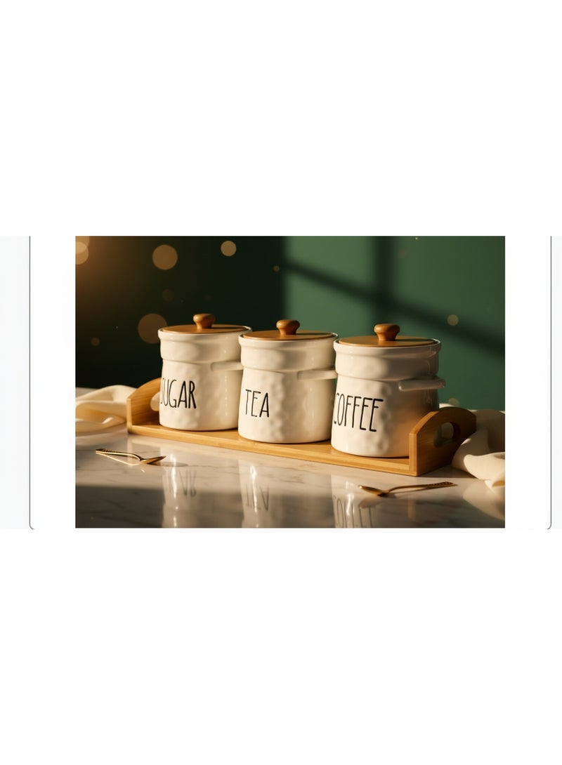 كذا هوم CasaHome طقم 3 برطمانات بورسلين للسكر والشاي والقهوة مع أغطية خيزران وصينية خشب، منظم سطح مطبخ بطراز مودرن/فارم هاوس – أبيض دافئ - Image 2