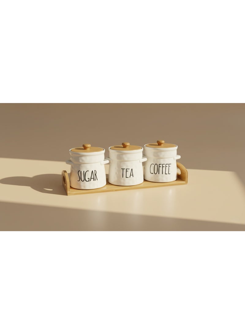 كذا هوم CasaHome طقم 3 برطمانات بورسلين للسكر والشاي والقهوة مع أغطية خيزران وصينية خشب، منظم سطح مطبخ بطراز مودرن/فارم هاوس – أبيض دافئ - Image 1