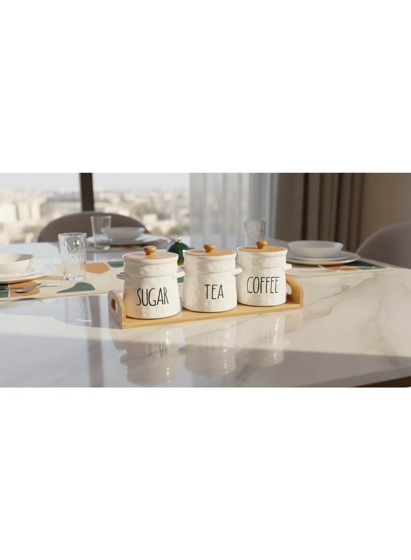 كذا هوم CasaHome طقم 3 برطمانات بورسلين للسكر والشاي والقهوة مع أغطية خيزران وصينية خشب، منظم سطح مطبخ بطراز مودرن/فارم هاوس – أبيض دافئ - Image 3