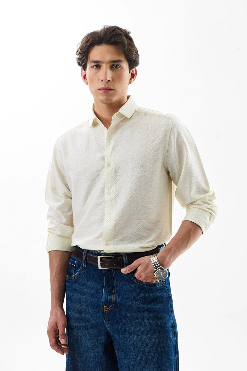 SNITCH Off White Textured Long Sleeve Slim Fit Luxe Shirt