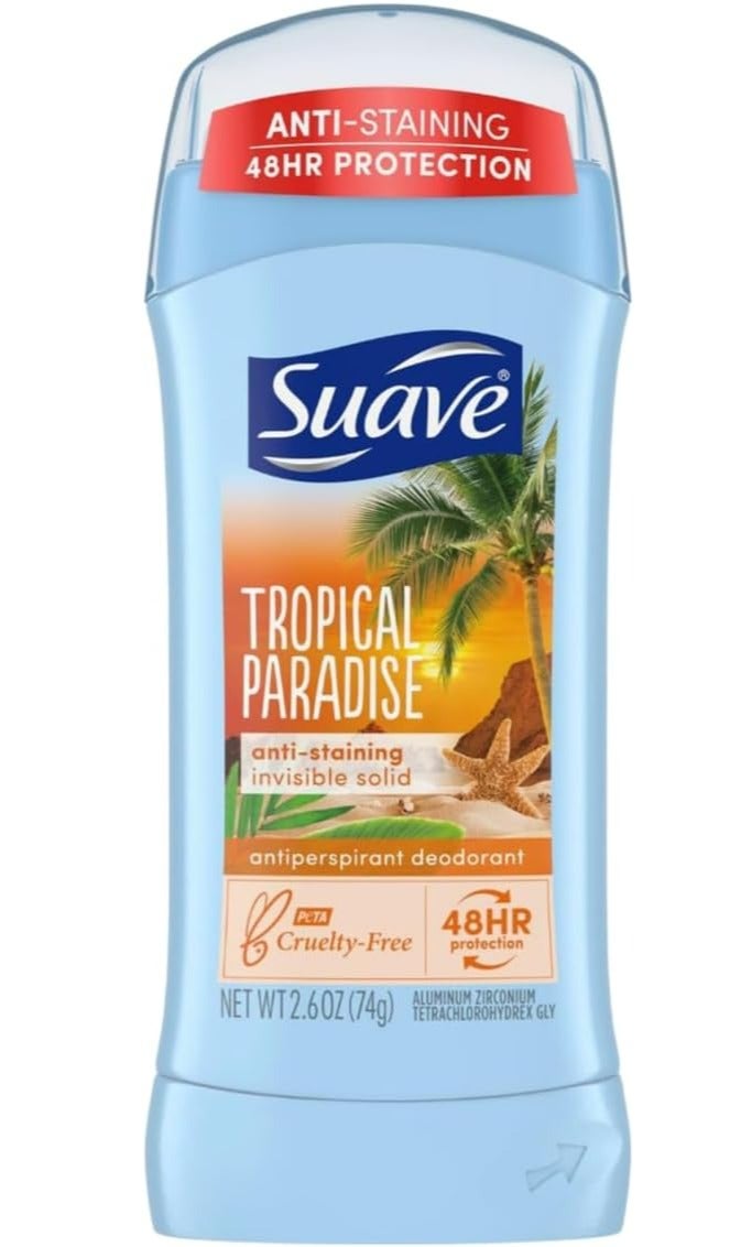 Suave Tropical Paradise Invisible Solid Antiperspirant Deodorant 74g | Anti-Staining Formula | 48H Sweat & Odor Protection | No White Marks | Long-Lasting Tropical Fresh Scent | For Men & Women - Image 1