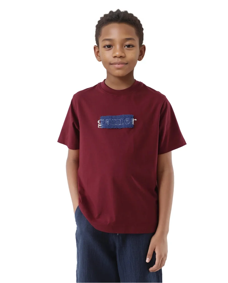 Rare Ones Rare Ones Kids Gamer Dark Red Cotton Embroidered Slip-On Regular Fit T-Shirt