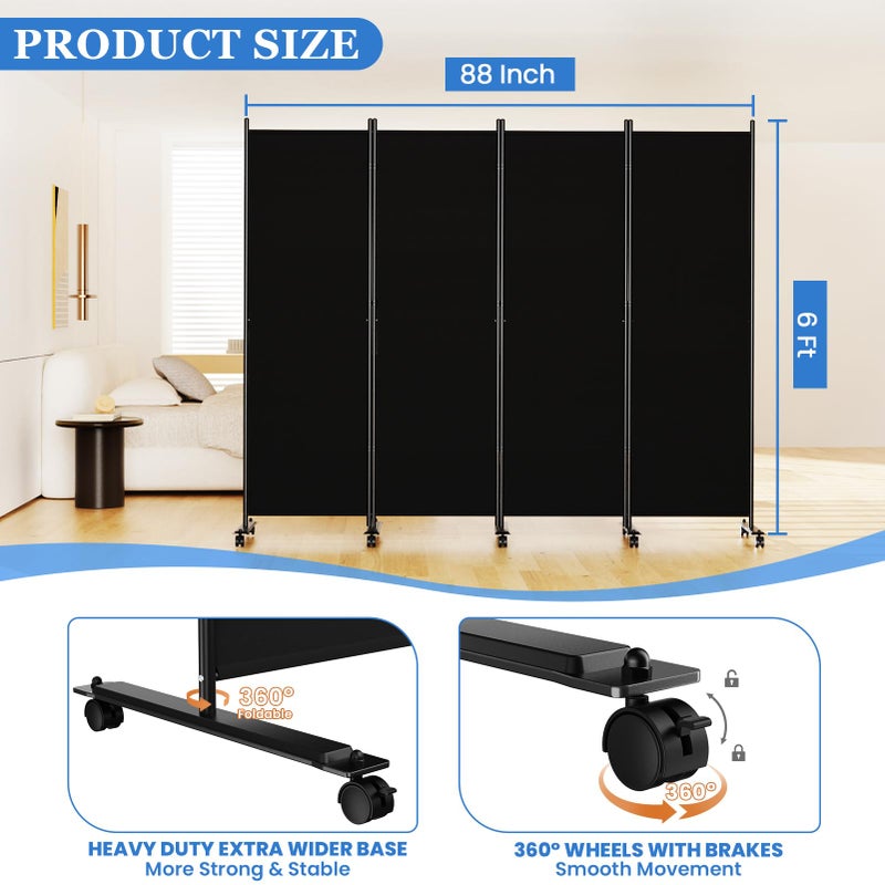 SUNALLY Room Divider 6FT Folding Privacy Screens with Lockable Wheels, 4 Panel Room Partition for Room Separator, 88" W Freestanding Portable Fabric Wall Dividers for Home Dorm Studio Office, Black - Image 2