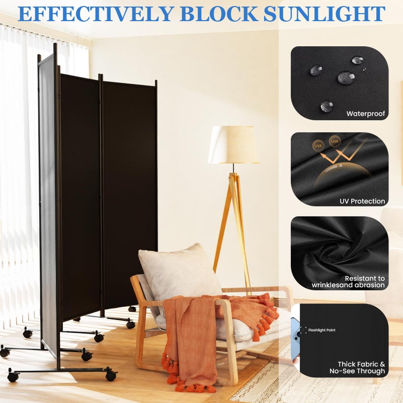 SUNALLY Room Divider 6FT Folding Privacy Screens with Lockable Wheels, 4 Panel Room Partition for Room Separator, 88" W Freestanding Portable Fabric Wall Dividers for Home Dorm Studio Office, Black - Image 3