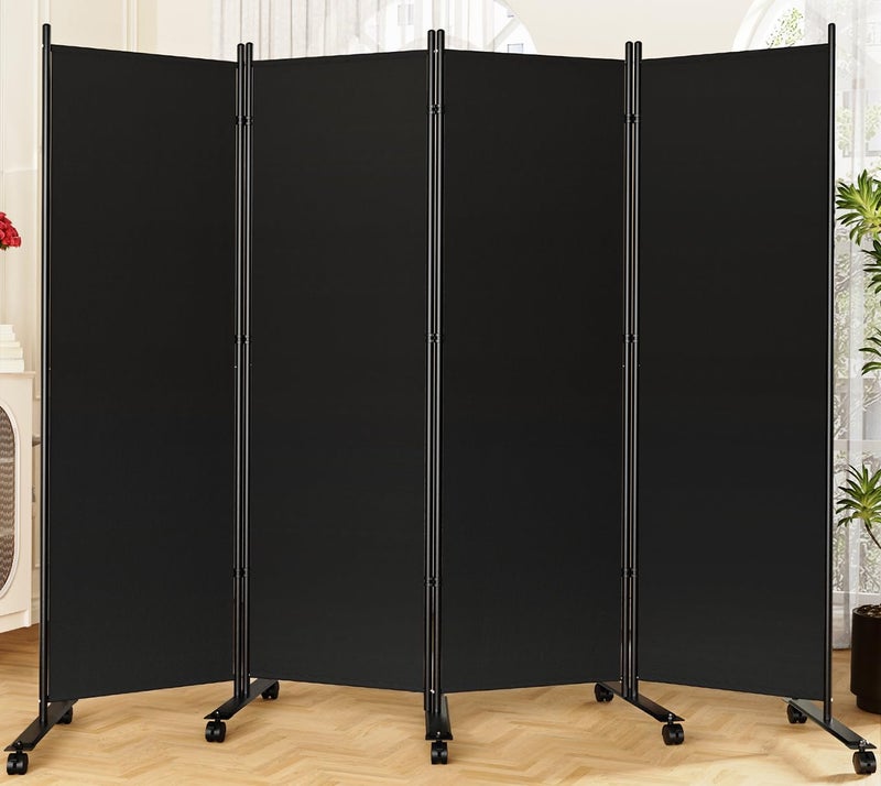 SUNALLY Room Divider 6FT Folding Privacy Screens with Lockable Wheels, 4 Panel Room Partition for Room Separator, 88" W Freestanding Portable Fabric Wall Dividers for Home Dorm Studio Office, Black - Image 1