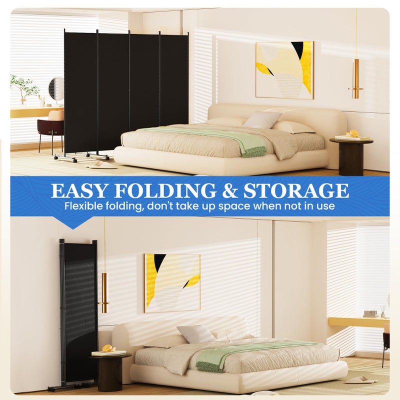 SUNALLY Room Divider 6FT Folding Privacy Screens with Lockable Wheels, 4 Panel Room Partition for Room Separator, 88" W Freestanding Portable Fabric Wall Dividers for Home Dorm Studio Office, Black - Image 5
