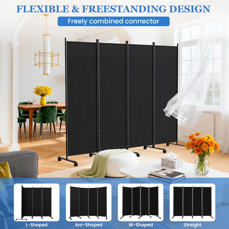 SUNALLY Room Divider 6FT Folding Privacy Screens with Lockable Wheels, 4 Panel Room Partition for Room Separator, 88" W Freestanding Portable Fabric Wall Dividers for Home Dorm Studio Office, Black - Image 4