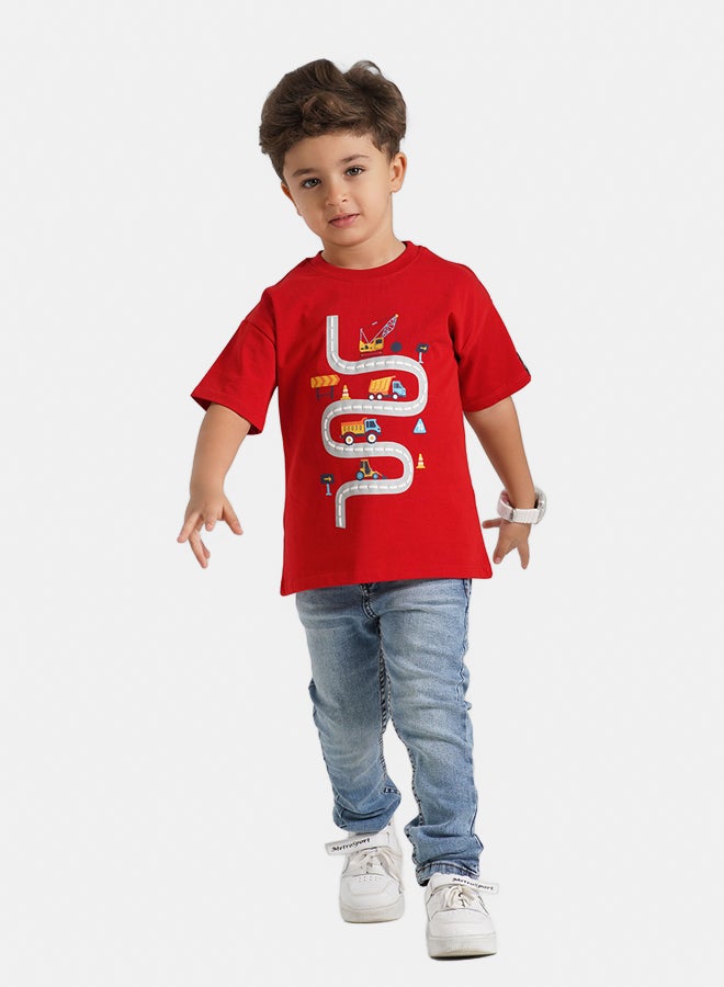 ريمينت تيشرت للاولاد برسمة 'طريق البناء احمر  - Image 1