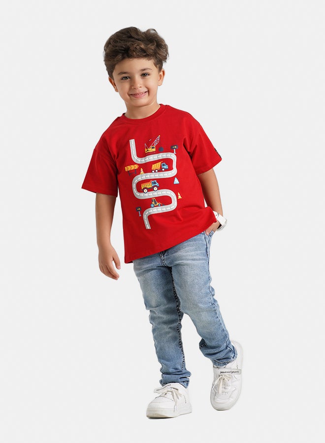 ريمينت تيشرت للاولاد برسمة 'طريق البناء احمر  - Image 2