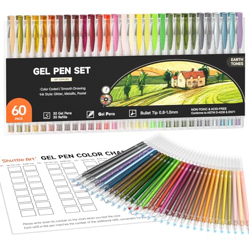 Shuttle Art 60 Pack Earth Tone Gel Pens 30 Brown Earth Tone Gel Pens with 30 Refills for Adults Coloring Books Journaling Drawing Nature Landscapes Animals Scenes - Image 1