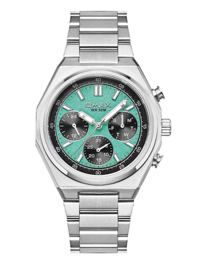 Omax Men's Wrist Watch with Mint Green Dial, Stainless Steel Bracelet, WR 50M - Image 1