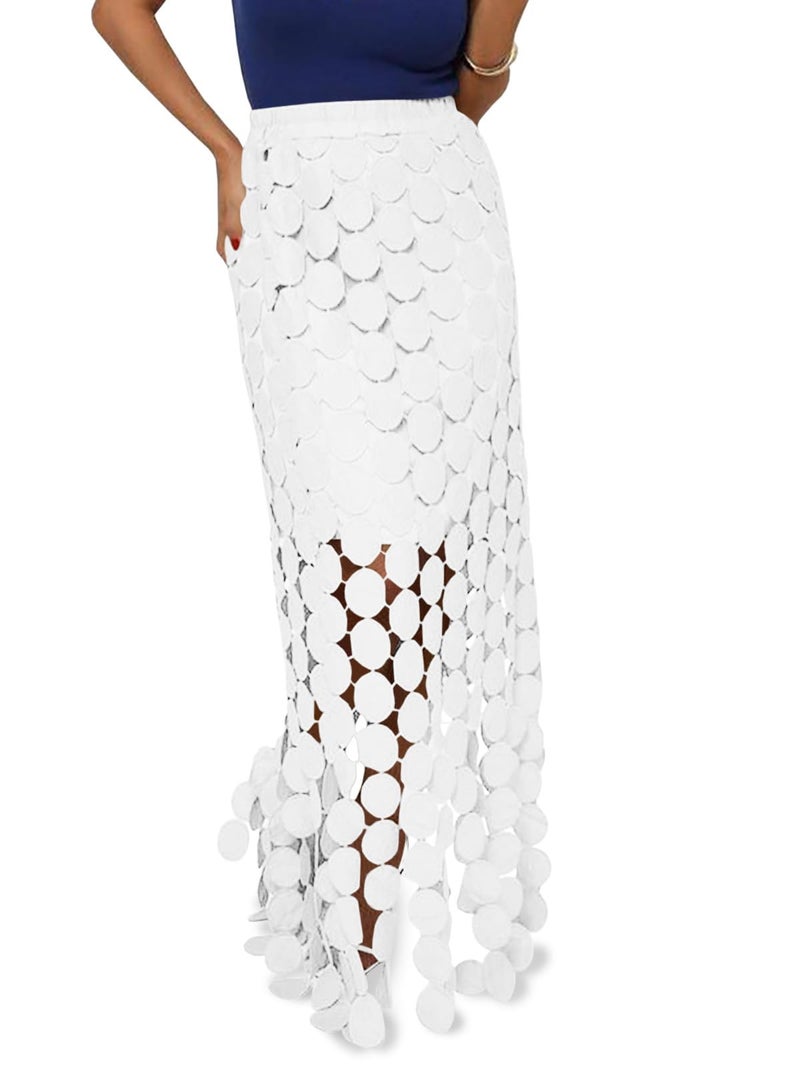 Cicy Bell Womens Hollow Out Maxi Skirts Summer High Waisted Boho Fringe Hem Long Skirt White - Image 1