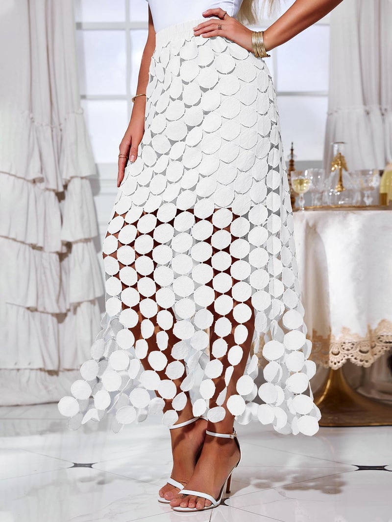 Cicy Bell Womens Hollow Out Maxi Skirts Summer High Waisted Boho Fringe Hem Long Skirt White - Image 2