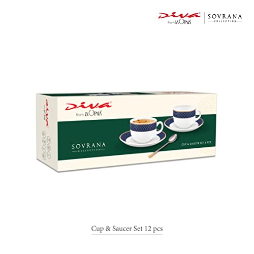 La Opala Diva, Sovrana Collection, Opal Glass Cup & Saucer Set 12 pcs, Regent Blue, White - Image 4
