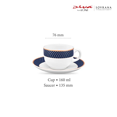La Opala Diva, Sovrana Collection, Opal Glass Cup & Saucer Set 12 pcs, Regent Blue, White - Image 2