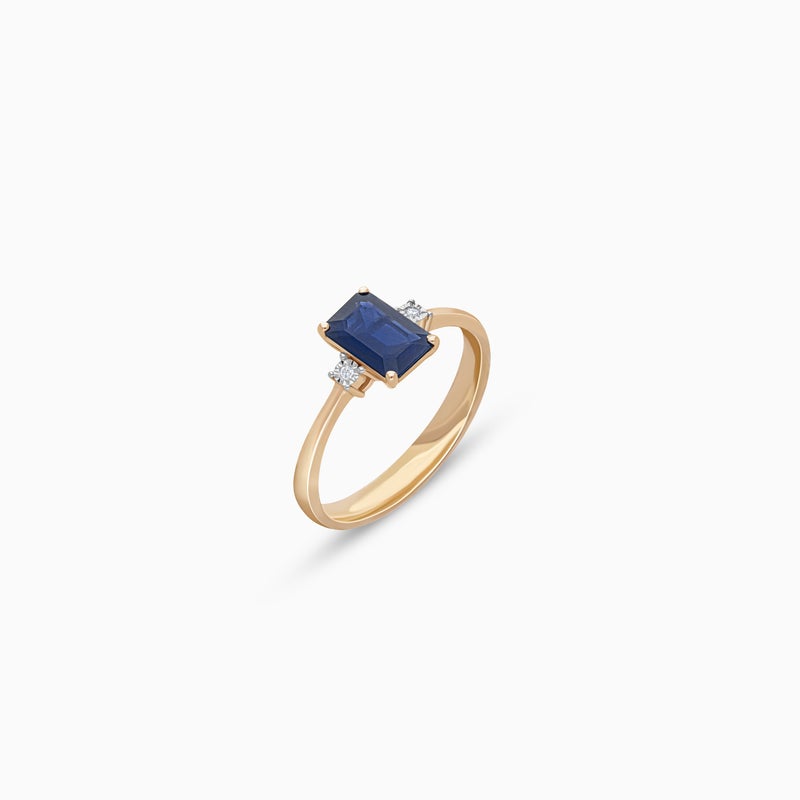 Jawhara Jewellery خاتم من الذهب الوردي عيار 18 للنساء، حجر ياقوت أزرق مقصوص على شكل زمرد ودياموند طبيعي لامع دائري، مجموعة كلاسيكية فاخرة من المجوهرات، خاتم بيان أنيق من جوهرة للمجوهرات - Image 2