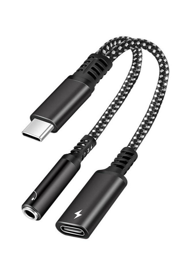 2-in-1 Type-c Braided Adapter Cable, 3.5mm Headphone Audio Converter Cable, Type C Cable with PD 60W Fast Charging, Type-c Port Compatible with Huawei, Samsung, Xiaomi, Notebook Computer (Black) - Image 1