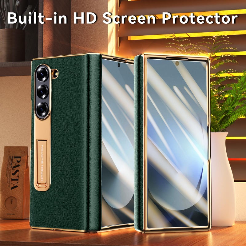 Kalernd for Samsung Galaxy Z Fold 6 Phone Case,Luxury Premier Genuine Leather,Full Body Hinge Protection,Built-in Screen Protector,Kickstand Slim Protective Cover for Galaxy ZFold 6 (Green) - Image 5
