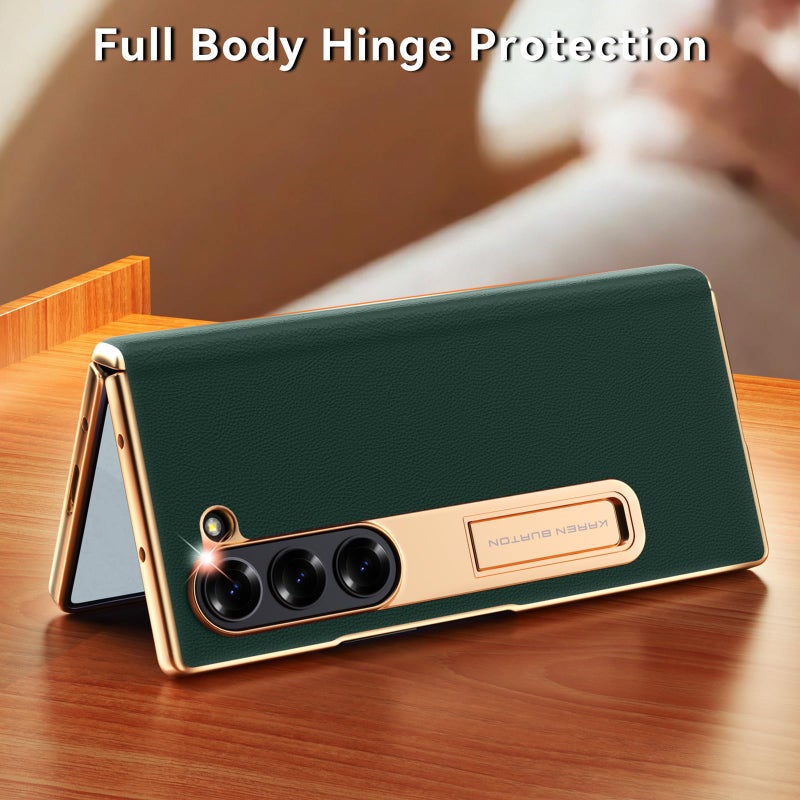 Kalernd for Samsung Galaxy Z Fold 6 Phone Case,Luxury Premier Genuine Leather,Full Body Hinge Protection,Built-in Screen Protector,Kickstand Slim Protective Cover for Galaxy ZFold 6 (Green) - Image 4