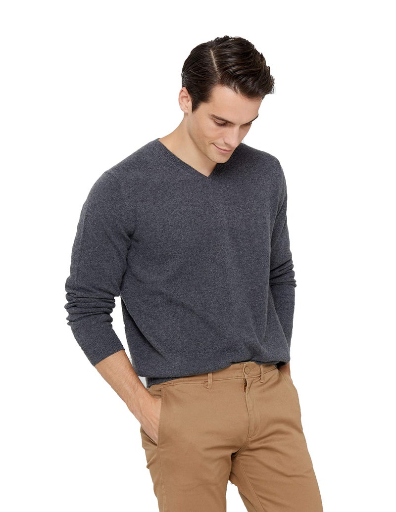 State Cashmere Mens Essential VNeck Sweater 100 Pure Cashmere Classic Long Sleeve Pullover City Smoke XXLarge