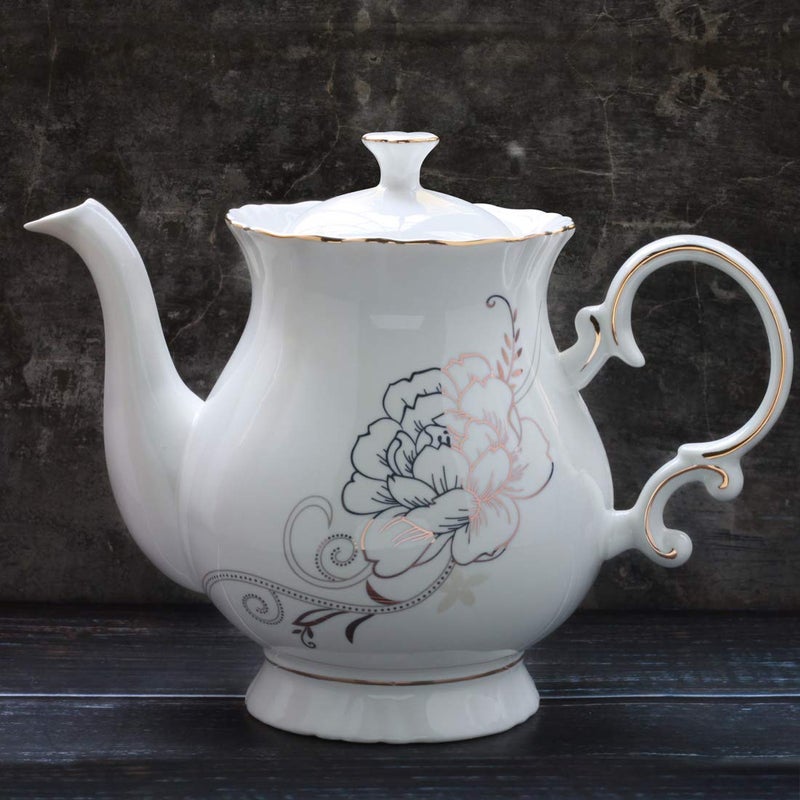 Jomop European Style Ceramic Flower Teapot Coffee Pot Water Pot Porcelain Gift Large 5.5 Cups (1, White) - Image 2