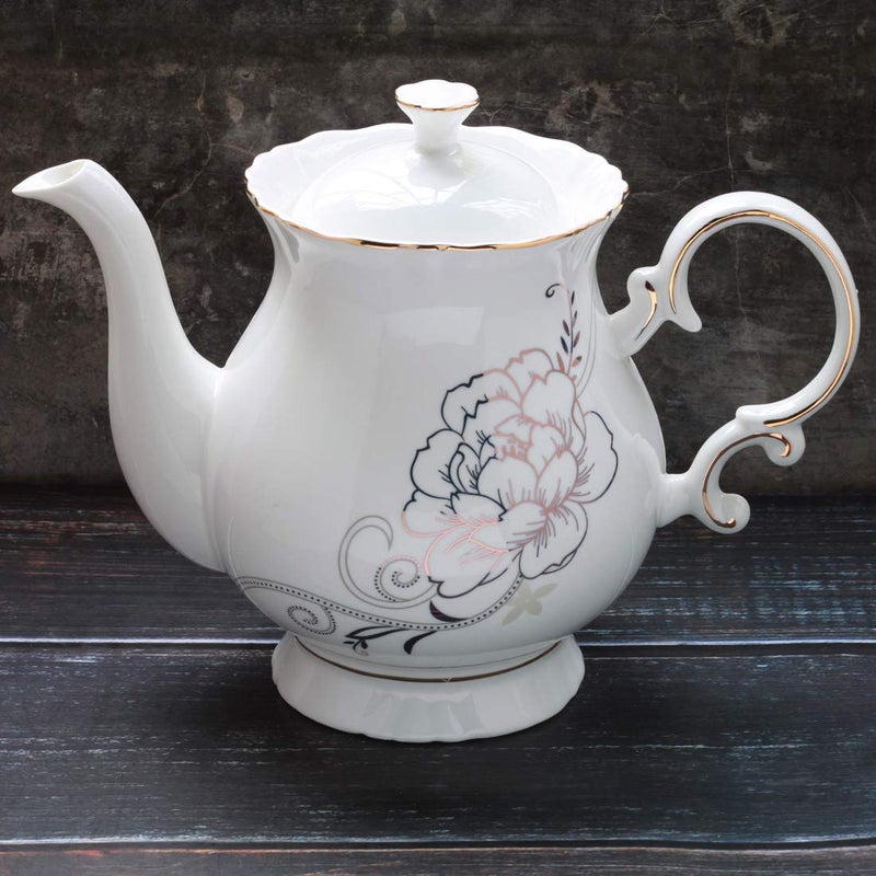 Jomop European Style Ceramic Flower Teapot Coffee Pot Water Pot Porcelain Gift Large 5.5 Cups (1, White) - Image 3