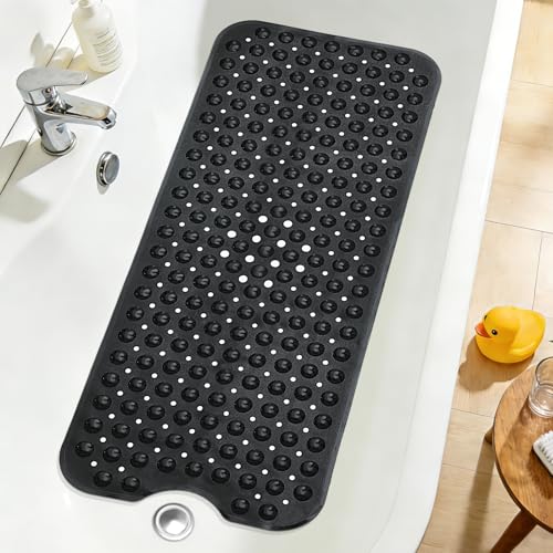 Naoloture Extra Long Black Bathtub Mat Non Slip, Soft Bath Mat for Tub 40 x 16 Inch Full Size, Bath Tub Shower Mats for Bathroom Floor with Big Suction Cups and Drain Holes, Easy Washable, BPA Free - Image 1