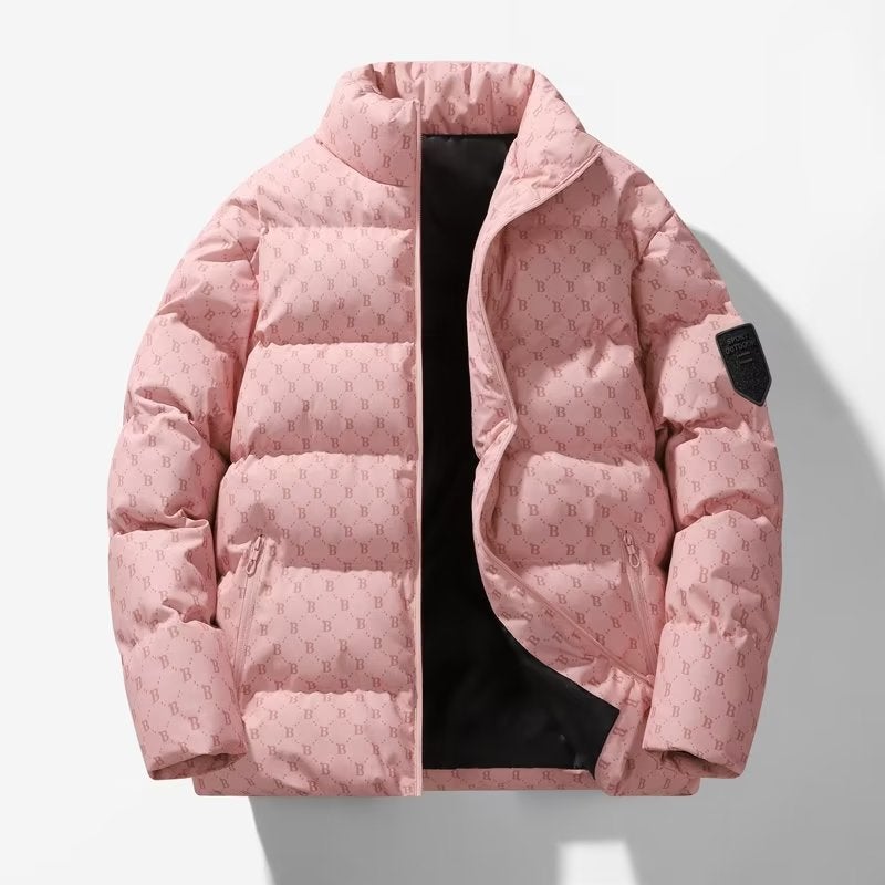 Autumn and winter mens and womens bread coat ins warm cotton raccoon couples clothing warm full printed stand collar plus size cotton-padded coat Pink 