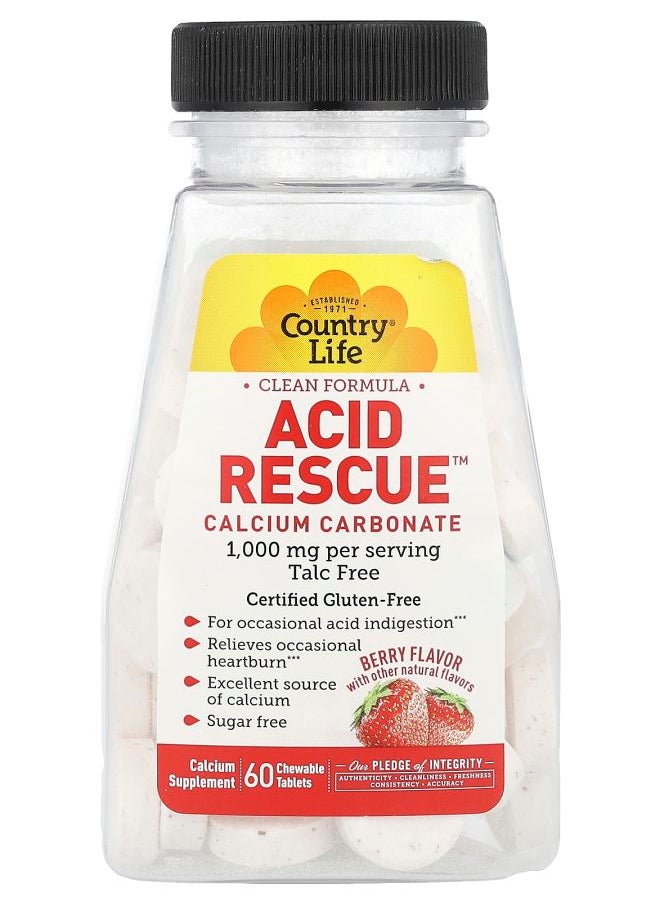 Country Life Acid Rescue Calcium Carbonate Berry 1000 mg 60 Chewable Tablets (500 mg per Tablet)  - Image 1