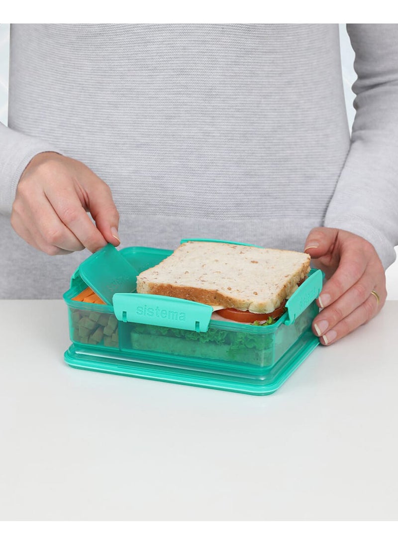Sistema Snack Attack Duo 975ml Green Lunch Box with Dual Compartments, Easy Lock Clips, BPA Free Food Storage Container for Snacks, Sandwiches & Meal Prep, Reusable Lunch Box Made in New Zealand - Image 2