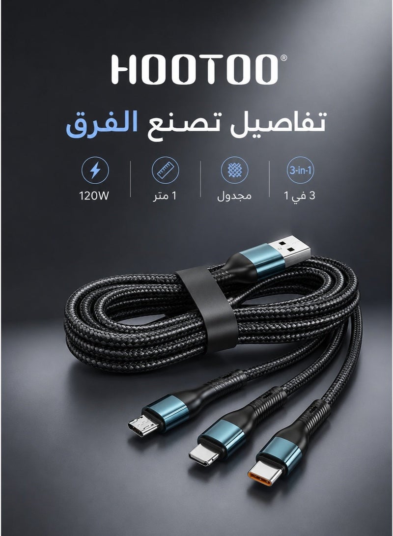 HooToo USB charging cable with three ports: iPhone port, Galaxy (Micro USB) port, Type-C port for iPhone, Galaxy, and Micro, and a port for charging PlayStation controllers, black color, supports USB ports, supports iPhone and iPad devices, fast charging cable from iPhone to USB, durable and heat-resistant, Apple charging cable, iPhone charging cable, charging cable with USB port for iPhone charger, original iPhone charging cable, USB to Type-C charging cable for iPhone and Galaxy, Android charger, original Micro charger, old Galaxy charging cable, charging cable for Sony, PlayStation controller charging cable, controller charger cable, PlayStation controller charger, Micro cable, portable cable, Galaxy cable, USB cable. - Image 2