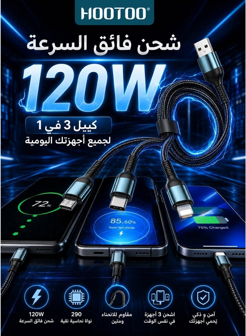 HooToo USB charging cable with three ports: iPhone port, Galaxy (Micro USB) port, Type-C port for iPhone, Galaxy, and Micro, and a port for charging PlayStation controllers, black color, supports USB ports, supports iPhone and iPad devices, fast charging cable from iPhone to USB, durable and heat-resistant, Apple charging cable, iPhone charging cable, charging cable with USB port for iPhone charger, original iPhone charging cable, USB to Type-C charging cable for iPhone and Galaxy, Android charger, original Micro charger, old Galaxy charging cable, charging cable for Sony, PlayStation controller charging cable, controller charger cable, PlayStation controller charger, Micro cable, portable cable, Galaxy cable, USB cable. - Image 4