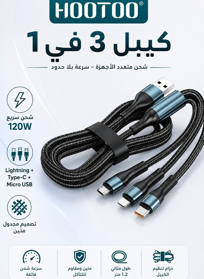 HooToo USB charging cable with three ports: iPhone port, Galaxy (Micro USB) port, Type-C port for iPhone, Galaxy, and Micro, and a port for charging PlayStation controllers, black color, supports USB ports, supports iPhone and iPad devices, fast charging cable from iPhone to USB, durable and heat-resistant, Apple charging cable, iPhone charging cable, charging cable with USB port for iPhone charger, original iPhone charging cable, USB to Type-C charging cable for iPhone and Galaxy, Android charger, original Micro charger, old Galaxy charging cable, charging cable for Sony, PlayStation controller charging cable, controller charger cable, PlayStation controller charger, Micro cable, portable cable, Galaxy cable, USB cable. - Image 1