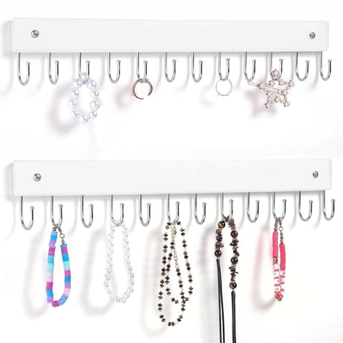 Dntorx Hanging Jewelry Organizer, 2 Pack Necklace Holder for Wall Wooden White Necklace Organizer Hangers Wall Mount with 24 Hooks Jewelry Display Hangers for Necklaces, Bracelets, Earrings, Keys - Image 1