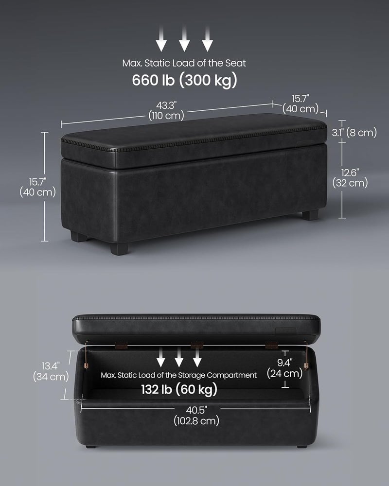 VASAGLE EKHO Collection – Storage Ottoman Bench, Entryway & Bedroom Bench, 25-Gallon Storage, Synthetic Leather with Stitching, Mid-Century Modern, Safety Hinges, Supports up to 300 kg, 40 × 110 × 40 cm, Ink Black - Image 3