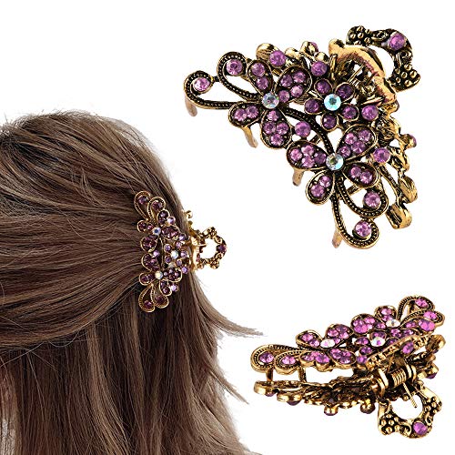 CROWN GUIDE Vintage Rhinestone Hair Claw Crystal Jaw Clips,Metal Alloy Fancy Hair Barrette Decorative Flowers Hair Clasps Accessories for Women Thick Hair Purple - Image 1